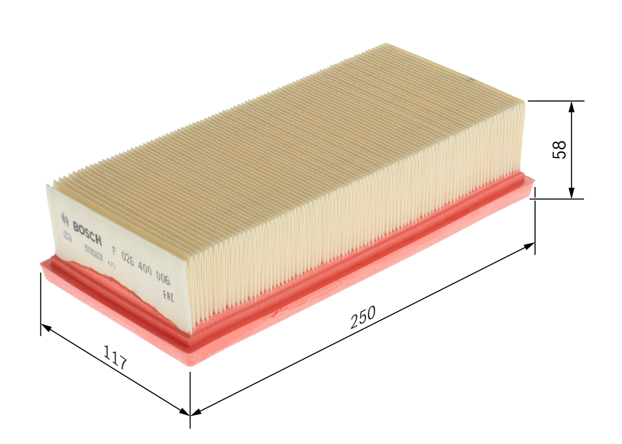 BOSCH Luftfilter f026400006 Filterindsats length_mm_203|Længde [mm]|250 width_mm_206|Bredde [mm]|117 height_mm_209|Højde [mm]|58 58mm for MERCEDES-BE
