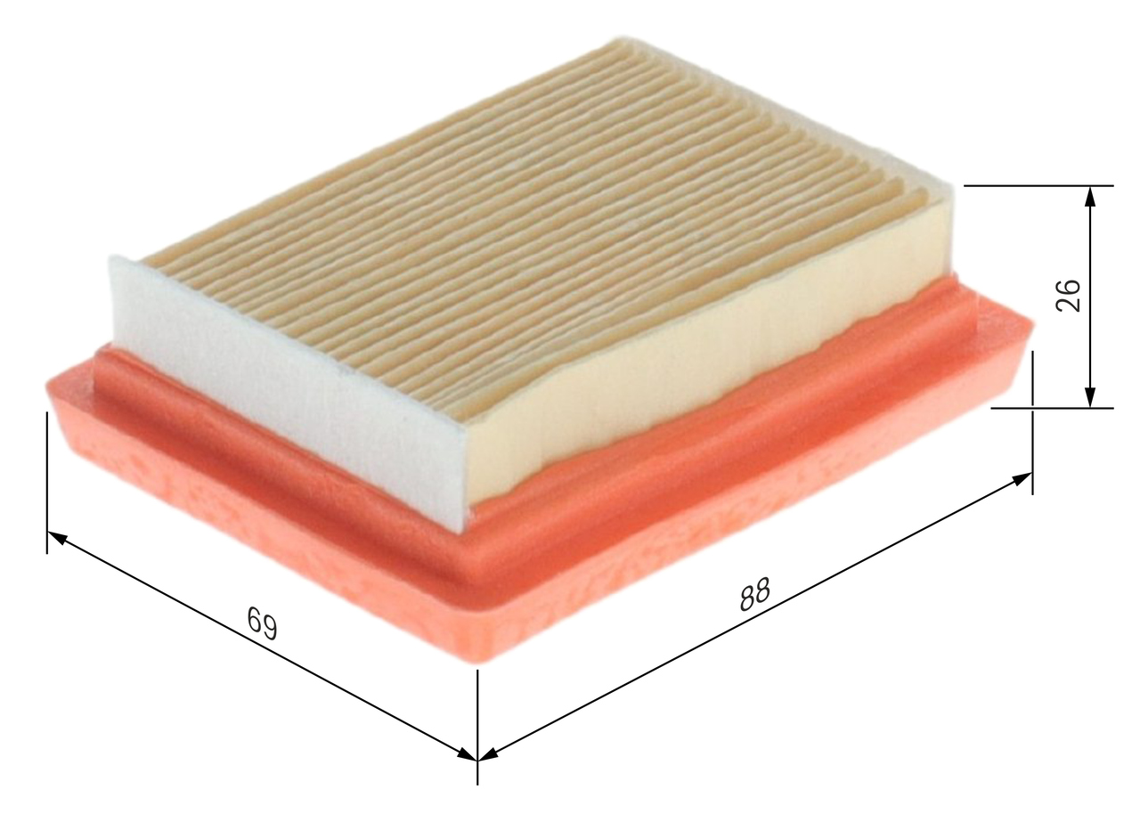 BOSCH Luftfilter f026400760 Filterindsats length_mm_203|Længde [mm]|88 width_mm_206|Bredde [mm]|68,5 height_mm_209|Højde [mm]|26 26mm for FORD