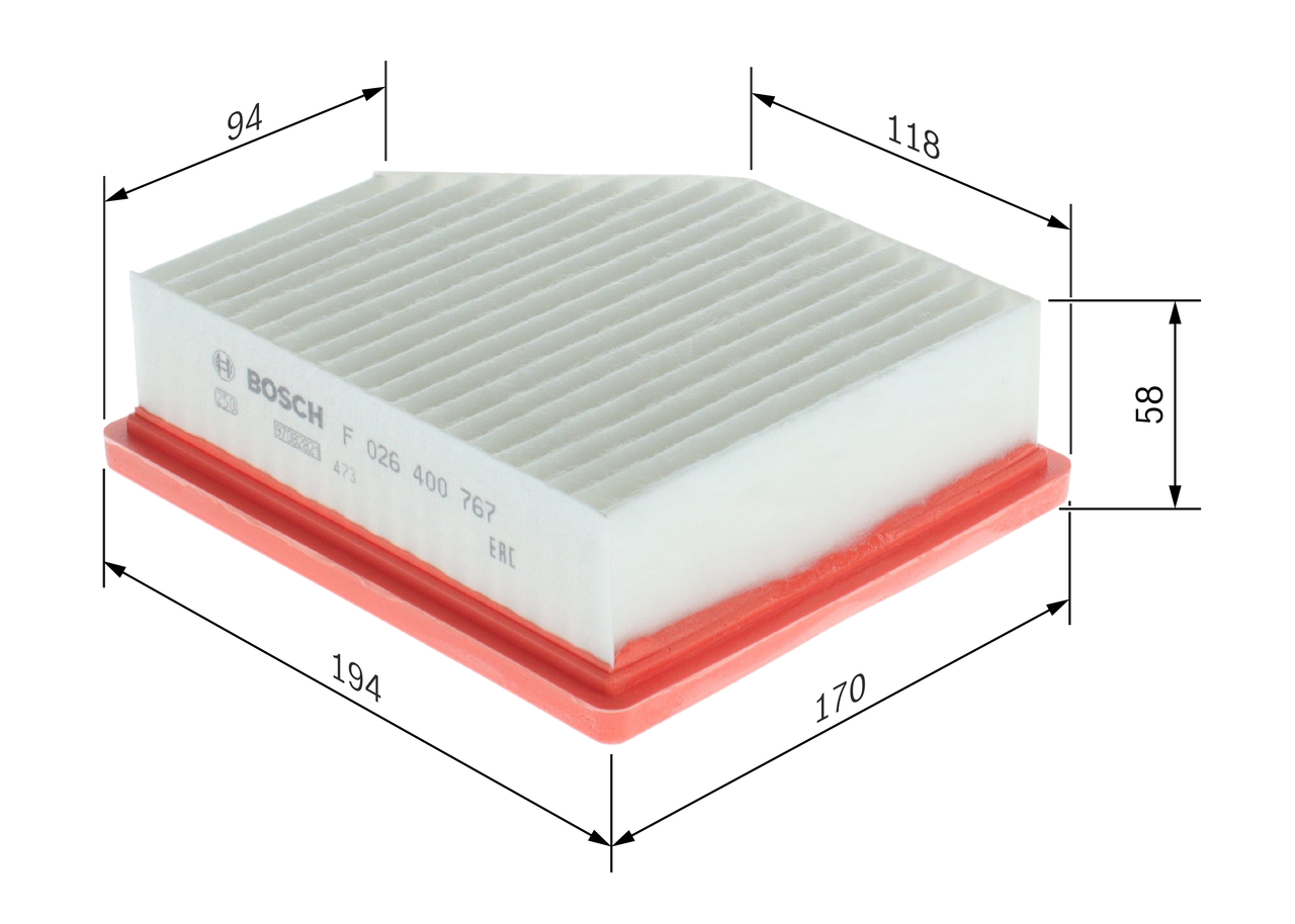 BOSCH Luftfilter F 026 400 767 Filterindsats length_mm_203|Længde [mm]|196 width_mm_206|Bredde [mm]|170 height_mm_209|Højde [mm]|60 60mm for RENAULT