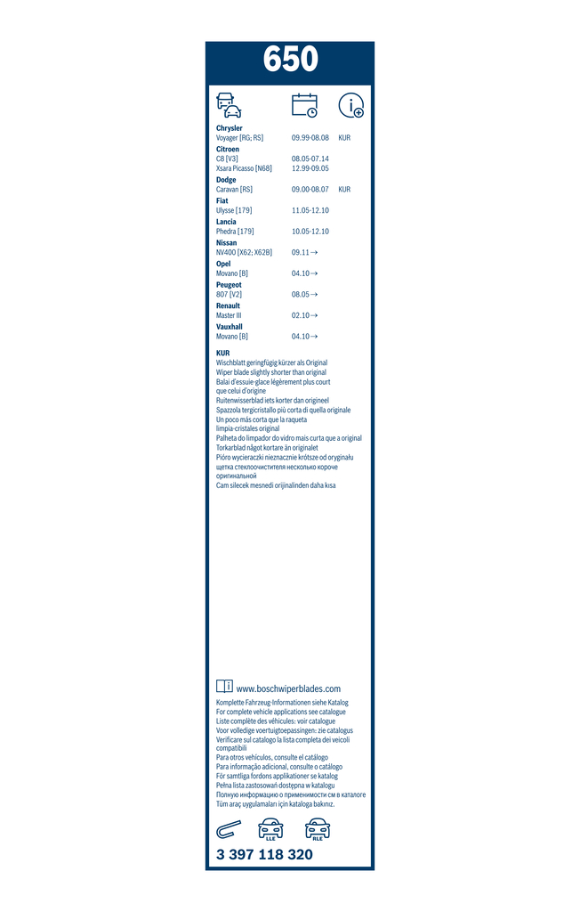 BOSCH Viskerblad 3397118320 foran for IVECO CHRYSLER RENAULT