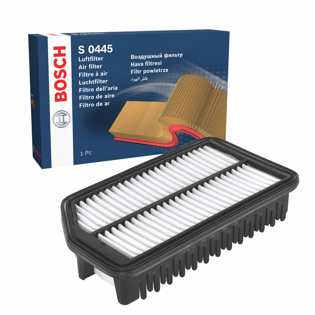 BOSCH Luftfilter F 026 400 445 Filterindsats length_mm_203|Længde [mm]|267 width_mm_206|Bredde [mm]|145 height_mm_209|Højde [mm]|51 51mm for KIA