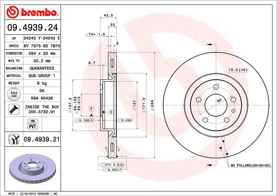 BREMBO Bremsesæt, skivebremser 142055870 foraksel indvendig ventileret 284mm 22mm for OPEL ABARTH FIAT ALFA ROMEO VAUXHALL