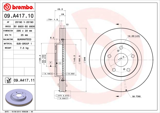 BREMBO Bremsesæt, skivebremser sg000008l2 foraksel indvendig ventileret 296mm 28mm for TOYOTA TOYOTA (FAW)