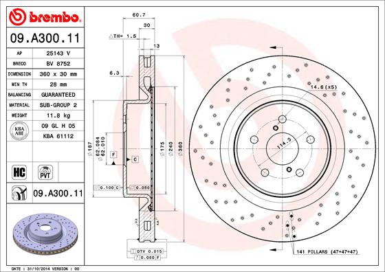 BREMBO Bremsesæt, skivebremser sg000009dg foraksel perforeret/ventileret 360mm 30mm for LEXUS
