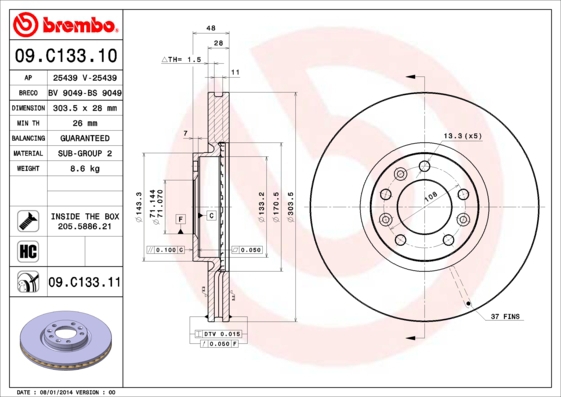 BREMBO Bremsesæt, skivebremser sg00000b5m foraksel indvendig ventileret 304mm 28mm for PEUGEOT OPEL CITROËN TOYOTA CITROËN (DF-PSA)