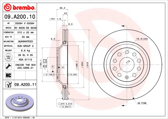 BREMBO Bremsesæt, skivebremser sg00000b5v bagaksel indvendig ventileret 310mm 22mm for SEAT VW VW (FAW)