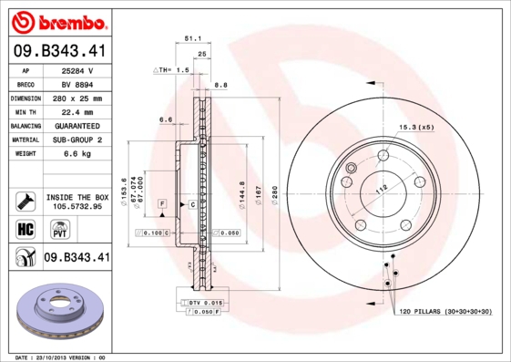 BREMBO sg00000cj3 foraksel indvendig ventileret 280mm 25mm for MERCEDES-BENZ INFINITI