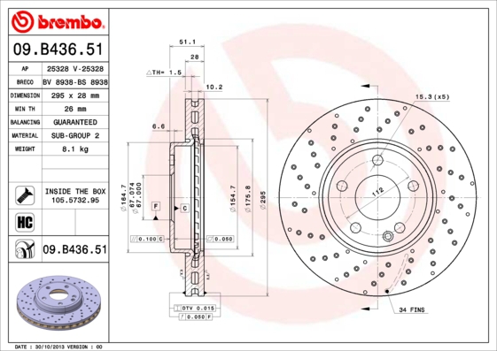 BREMBO sg00000cjn foraksel perforeret/ventileret 295mm 28mm for MERCEDES-BENZ INFINITI