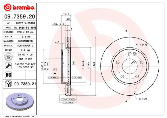 BREMBO Bremsesæt, skivebremser sg00000cjz foraksel indvendig ventileret 260mm 22mm for MERCEDES-BENZ