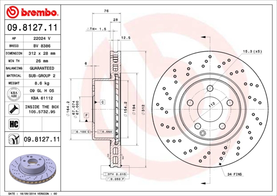 BREMBO Bremsesæt, skivebremser sg00000ck3 foraksel perforeret/ventileret 312mm 28mm for MERCEDES-BENZ