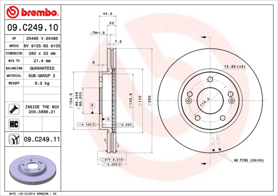 BREMBO sg00000ckk foraksel indvendig ventileret 280mm 23mm for HYUNDAI KIA HYUNDAI (BEIJING)