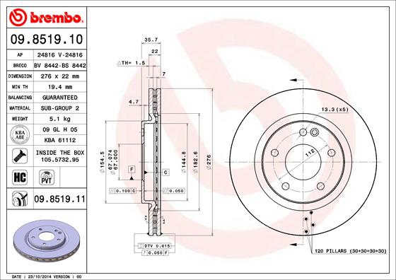 BREMBO Bremsesæt, skivebremser sg00000ckp foraksel indvendig ventileret 276mm 22mm for MERCEDES-BENZ