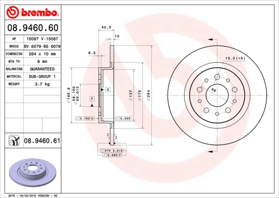 BREMBO Bremsesæt, skivebremser sg00000clh bagaksel fuld 264mm 10mm for FIAT