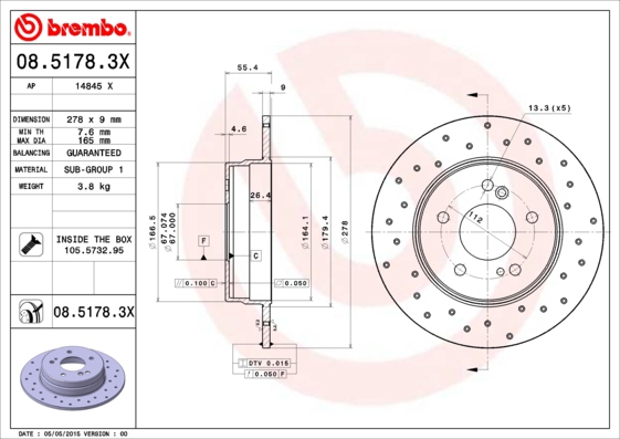BREMBO Bremsesæt, skivebremser sg00000clt bagaksel perforeret 278mm 9mm for MERCEDES-BENZ CHRYSLER