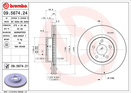 BREMBO Bremsesæt, skivebremser sg00000eft bagaksel fuld 274mm 24mm for SAAB SUBARU TOYOTA