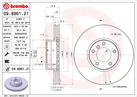 BREMBO Bremsesæt, skivebremser sg00000efv bagaksel indvendig ventileret 324mm 30mm for BMW