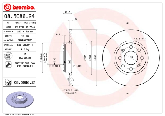 BREMBO Bremsesæt, skivebremser sg00000eh2 bagaksel fuld 264mm 10mm for OPEL FIAT ABARTH VAUXHALL CITROËN PEUGEOT