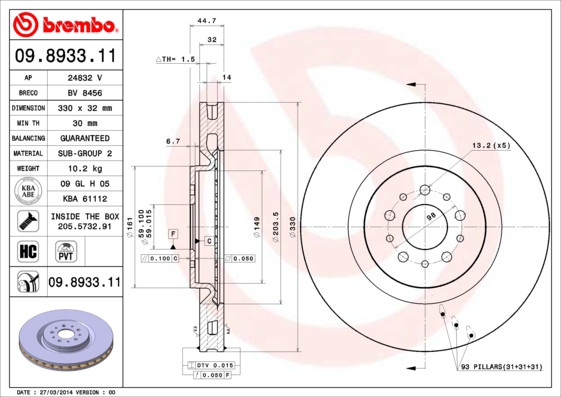 BREMBO Bremsesæt, skivebremser sg00000ek4 bagaksel indvendig ventileret 330mm 32mm for FIAT ALFA ROMEO LANCIA