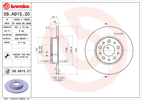 BREMBO Bremsesæt, skivebremser sg00000elr foraksel indvendig ventileret 251mm 22mm for FIAT DODGE