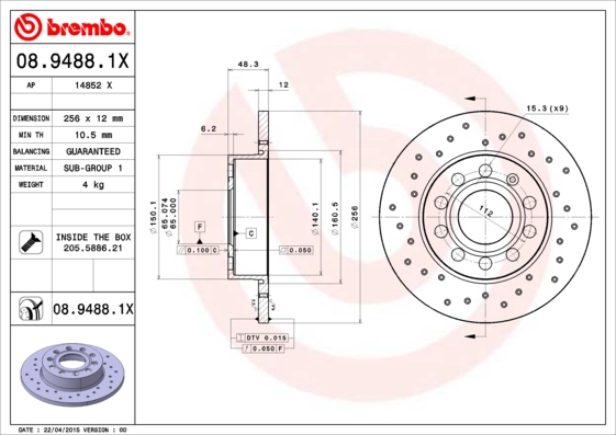 BREMBO Bremsesæt, skivebremser sg00000en6 bagaksel perforeret 256mm 22mm for ROEWE (SAIC) SEAT VW AUDI SKODA AUDI (FAW) SKODA (SVW) VW (FAW) VW (SVW)