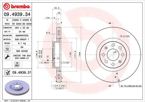 BREMBO Bremsesæt, skivebremser sg00000eqw bagaksel fuld 264mm 10mm for OPEL ABARTH FIAT VAUXHALL