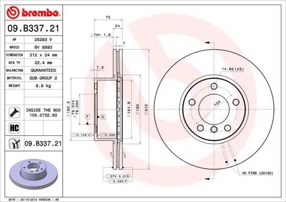BREMBO Bremsesæt, skivebremser sg00000es0 bagaksel indvendig ventileret 312mm 20mm for BMW BMW (BRILLIANCE)