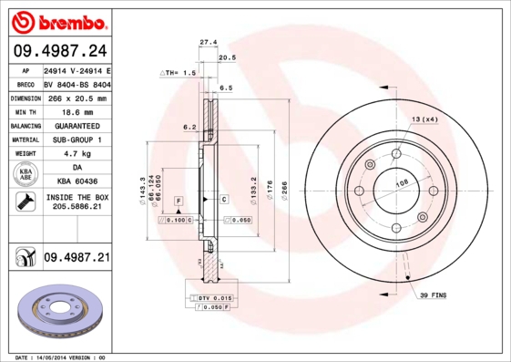 BREMBO Bremsesæt, skivebremser sg00000evf bagaksel fuld 266mm 20mm for CITROËN PEUGEOT FENGSHEN RENAULT HSV