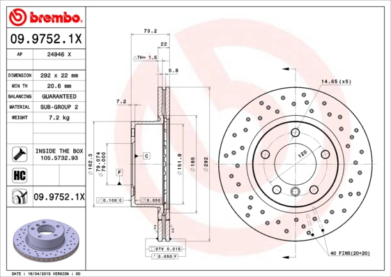 BREMBO Bremsesæt, skivebremser sg00000eyn bagaksel perforeret/ventileret 292mm 22mm for BMW MINI