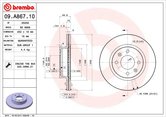 BREMBO Bremsesæt, skivebremser sg00000f12 foraksel indvendig ventileret 252mm 10mm for KIA HYUNDAI NAZA