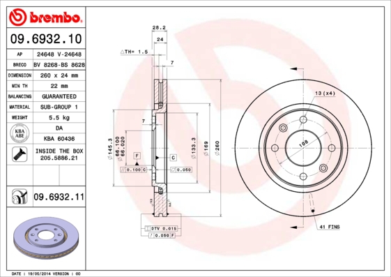 BREMBO Bremsesæt, skivebremser sg00000f59 bagaksel indvendig ventileret 260mm 24mm for CITROËN PEUGEOT
