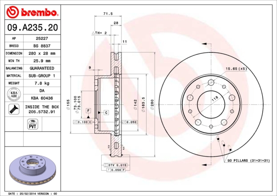 BREMBO Bremsesæt, skivebremser sg00000f5h bagaksel fuld 280mm 16mm for PEUGEOT CITROËN FIAT