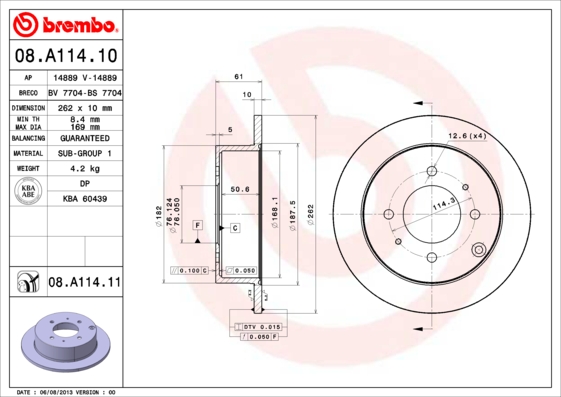 BREMBO Bremseskive 08a11410 262mm 10mm for HYUNDAI (BEIJING) KIA