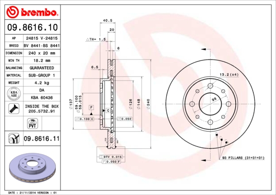 BREMBO Bremseskive 09861610 240mm 20mm for FORD FIAT