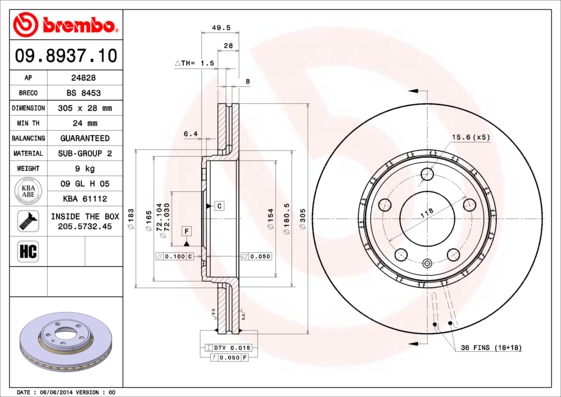 BREMBO Bremseskive 09893710 305mm 28mm for OPEL VAUXHALL NISSAN RENAULT