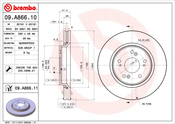 BREMBO Bremseskive 09a86610 293mm 28mm for HONDA