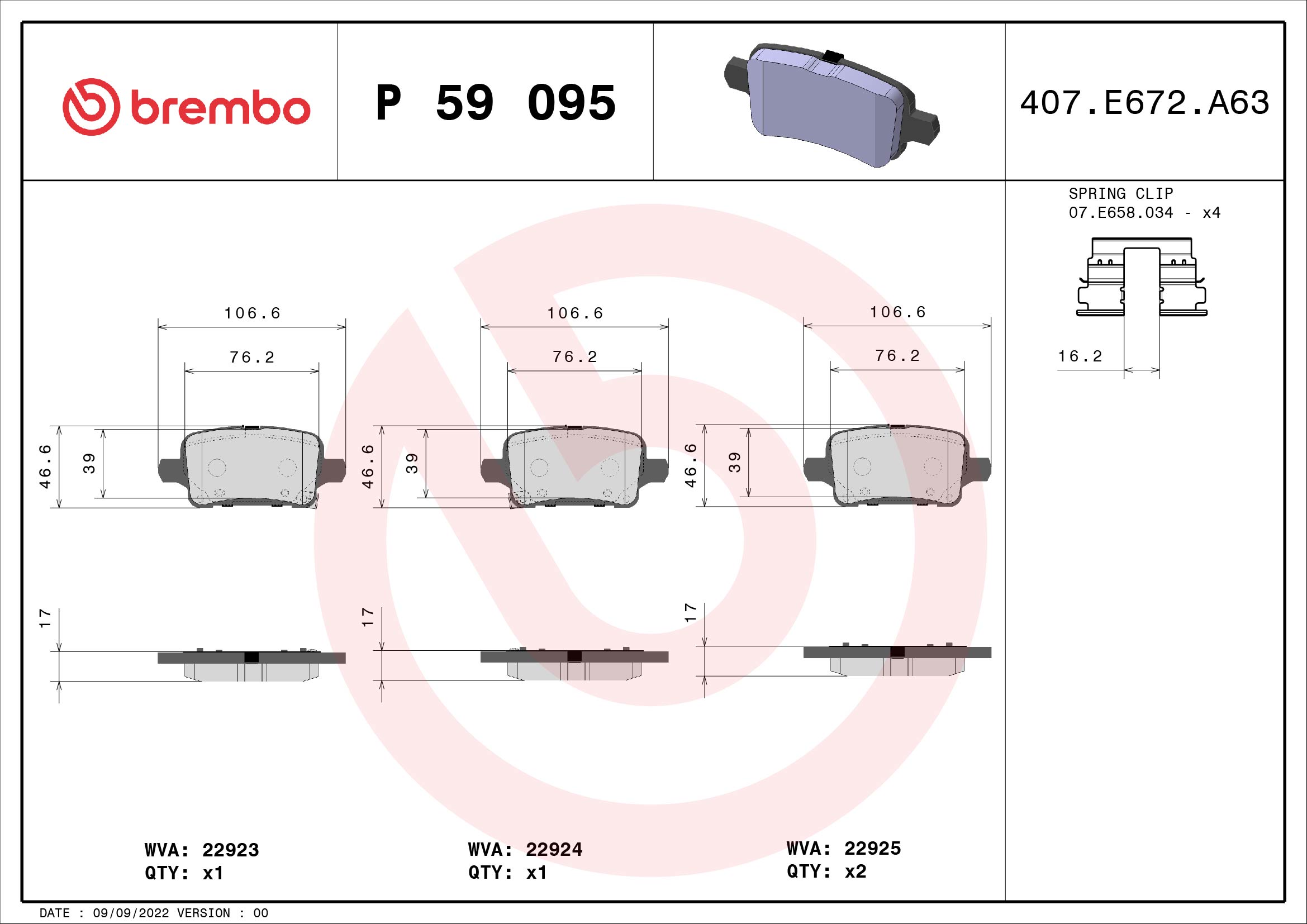 BREMBO Bremseklodser p59095 for OPEL CHEVROLET (SGM) BUICK (SGM)