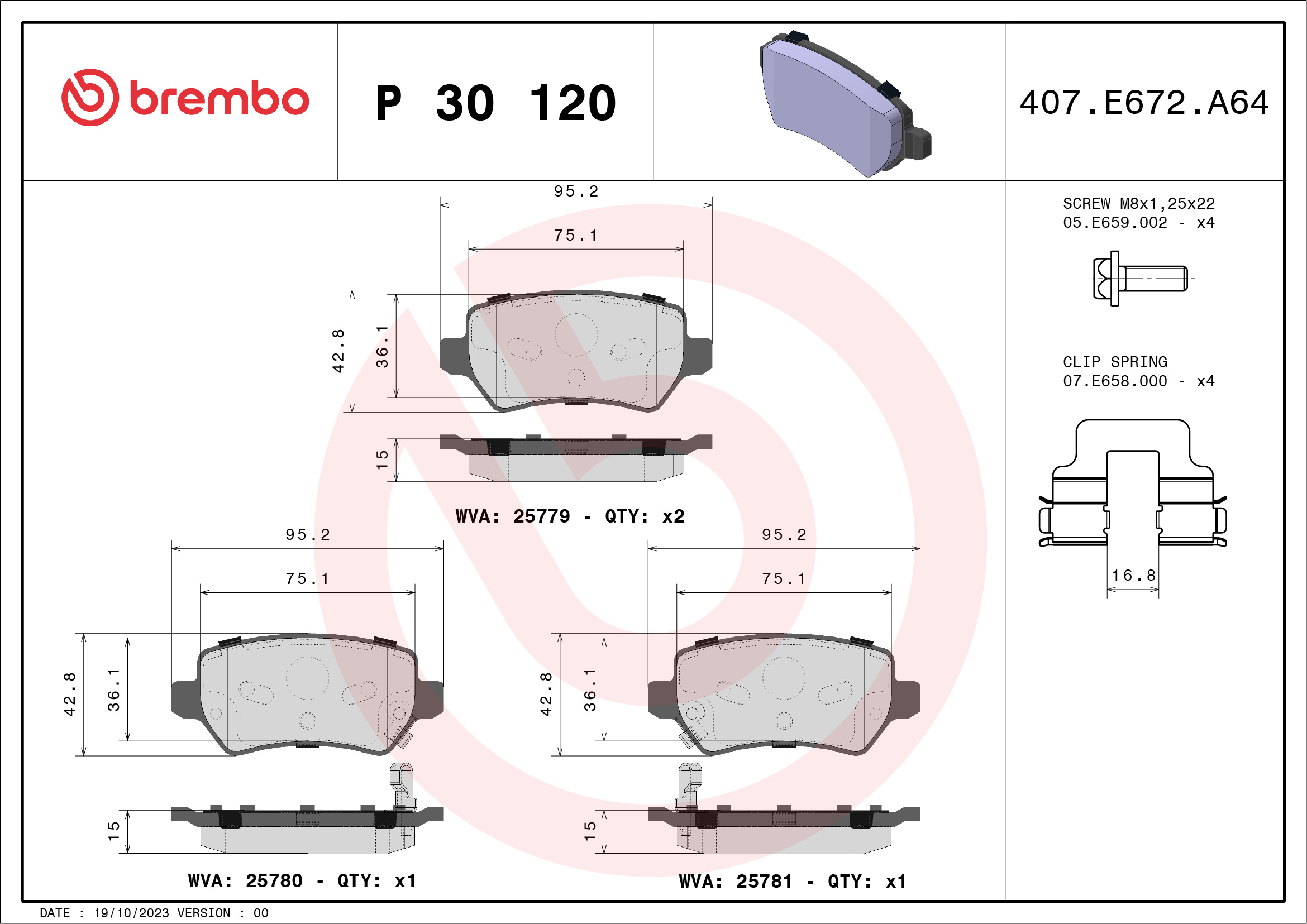 BREMBO Bremseklodser p30120 for KIA