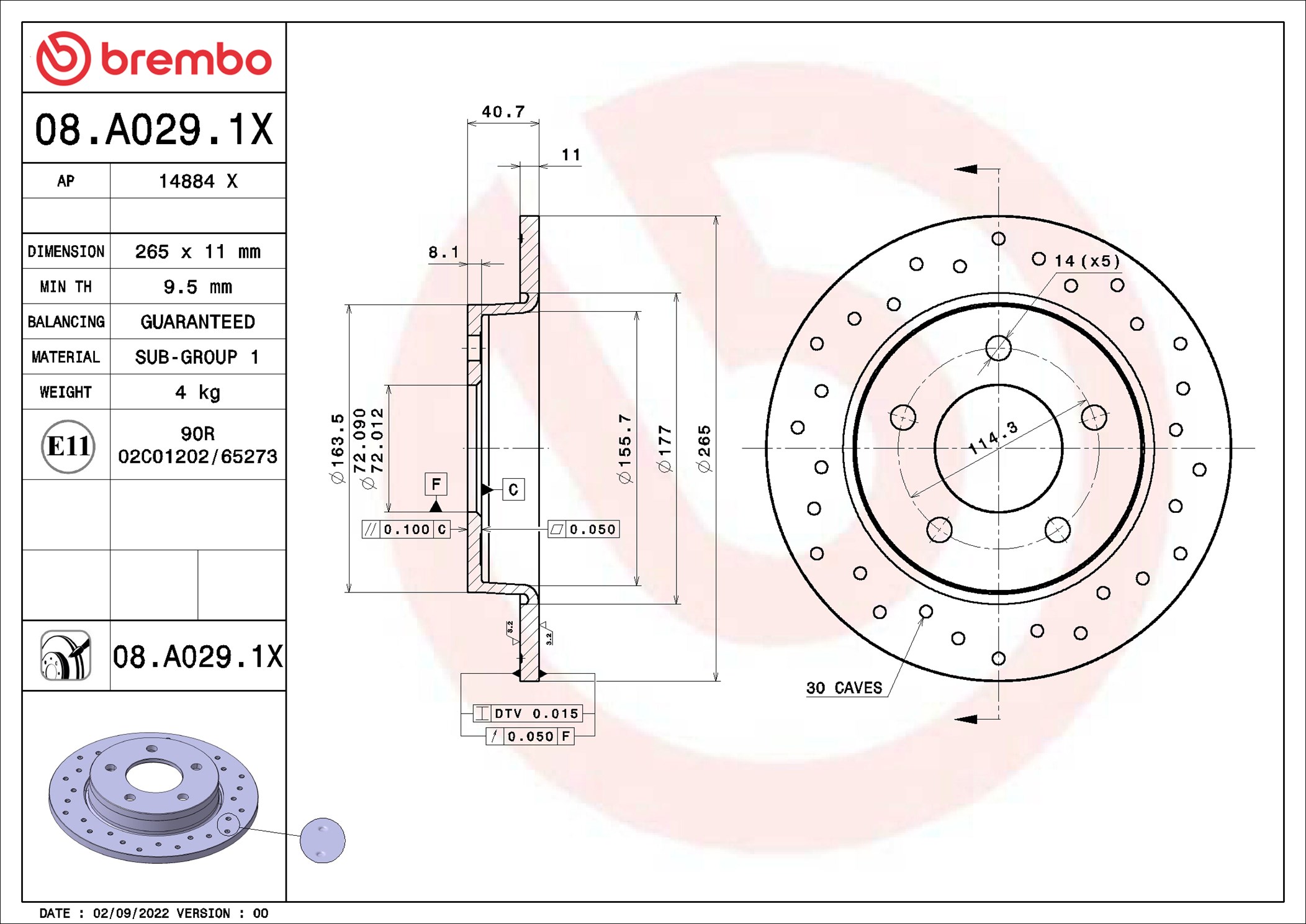BREMBO Bremseskive 08.A029.1X perforeret 265mm 11mm for MAZDA MAZDA (CHANGAN)