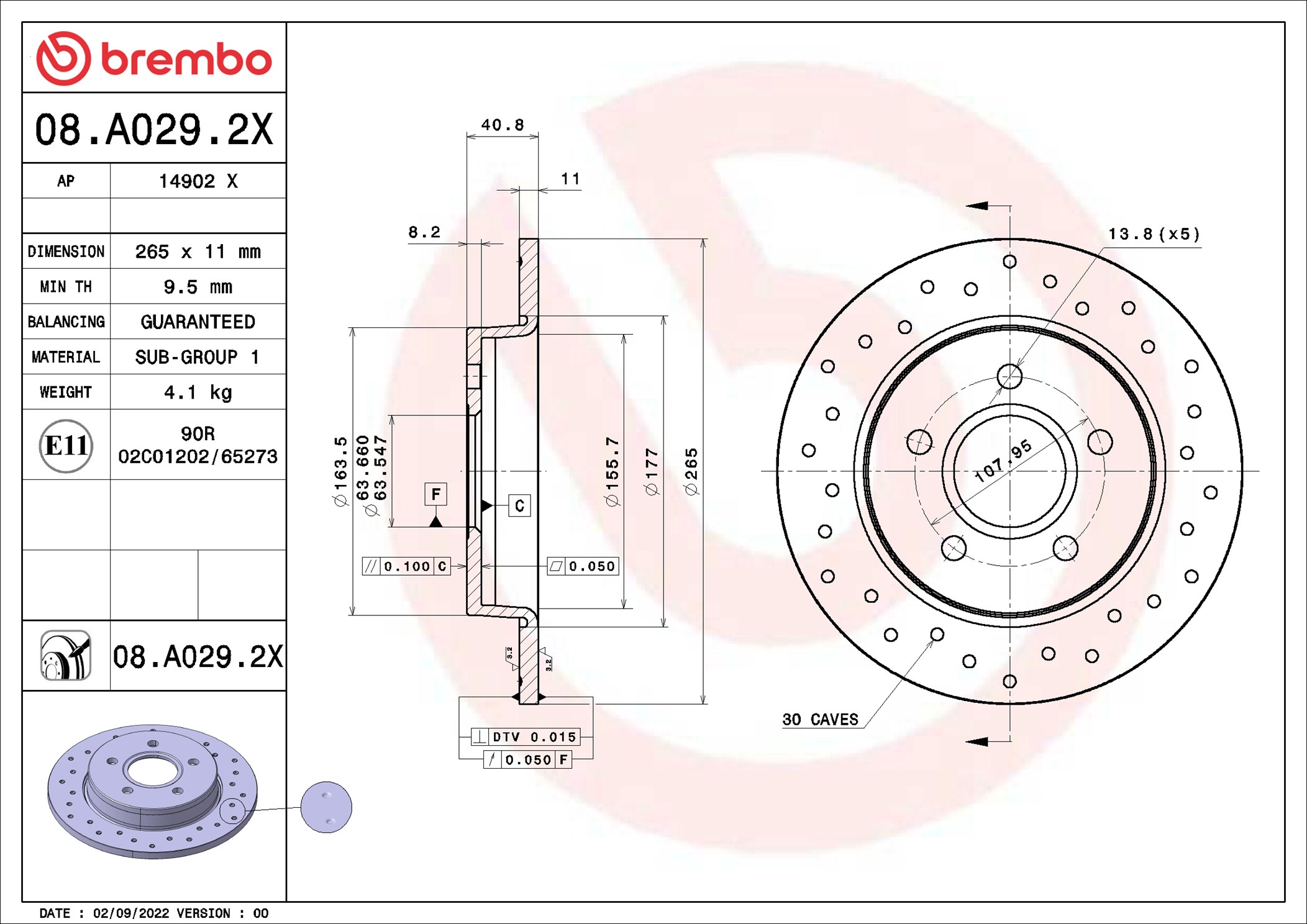 BREMBO Bremseskive 08a0292x perforeret 265mm 11mm for FORD FORD (CHANGAN) FORD ASIA & OCEANIA MAZDA (CHANGAN)