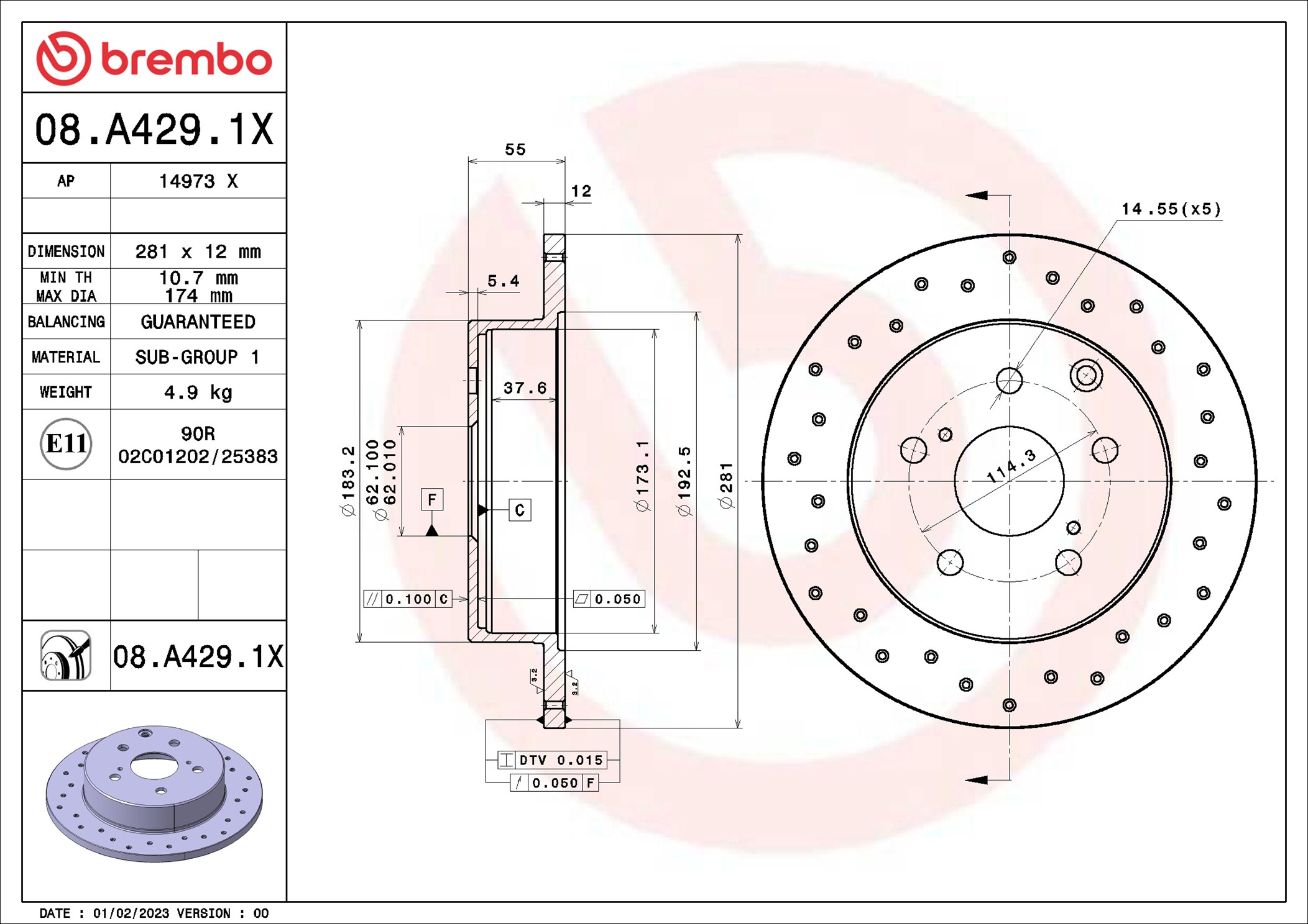 BREMBO Bremseskive 08a4291x perforeret 281mm 12mm for LEXUS TOYOTA (FAW)