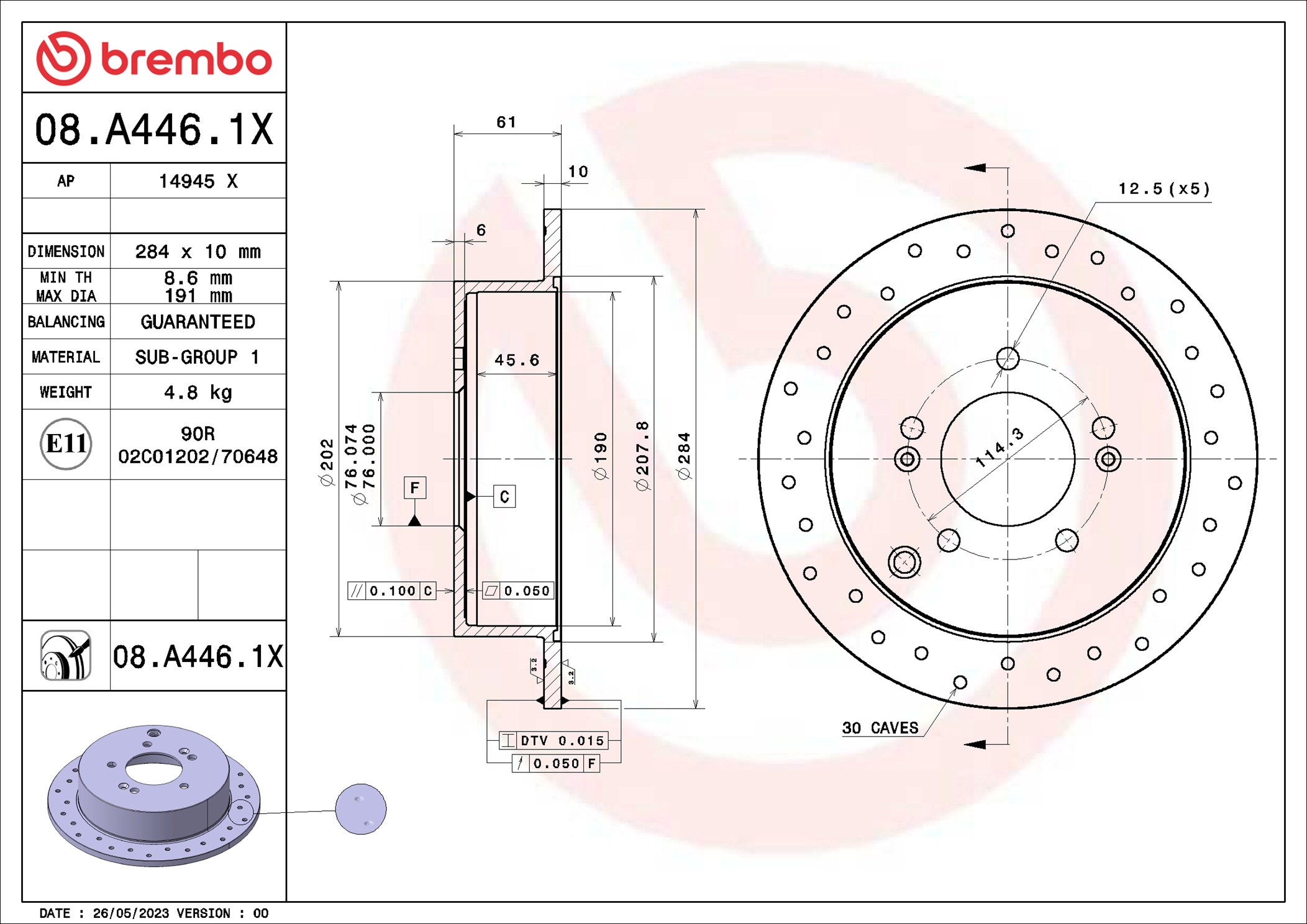 BREMBO Bremseskive 08.A446.1X perforeret 284mm 10mm for KIA KIA (DYK)