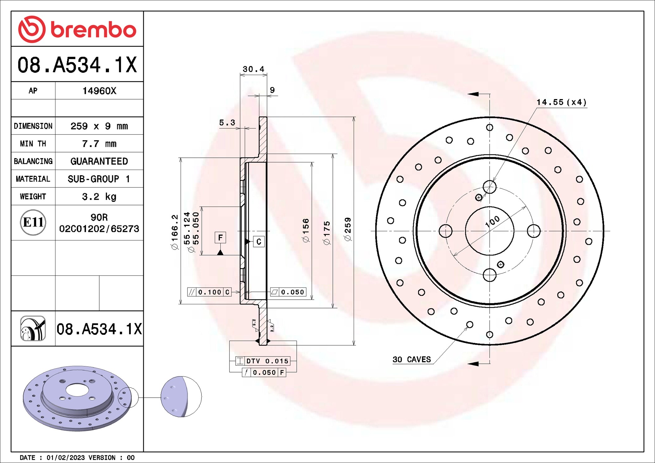 BREMBO Bremseskive 08.A534.1X perforeret 259mm 9mm for ASTON MARTIN TOYOTA