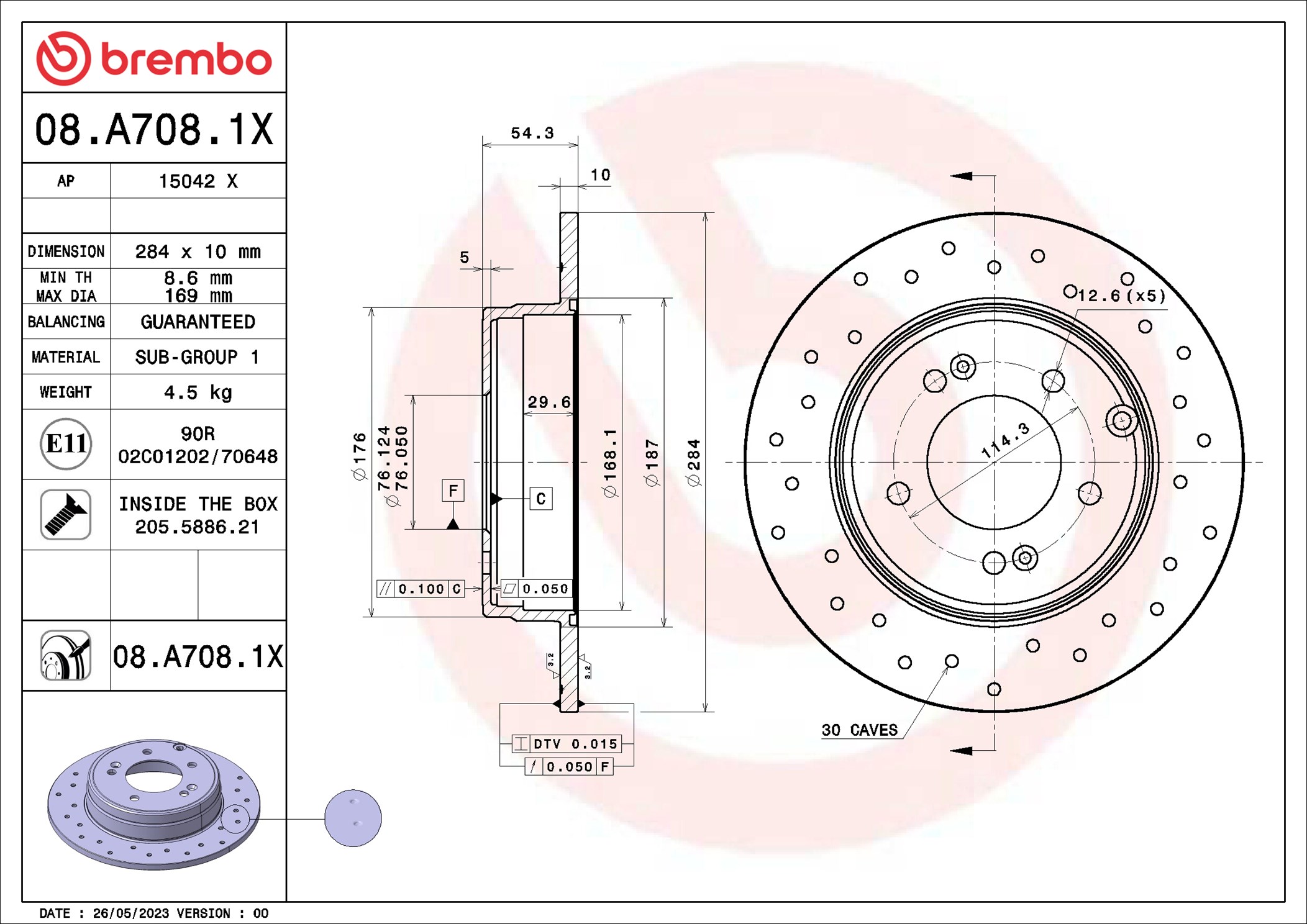 BREMBO Bremseskive 08.A708.1X perforeret 284mm 10mm for HYUNDAI KIA (DYK) KIA