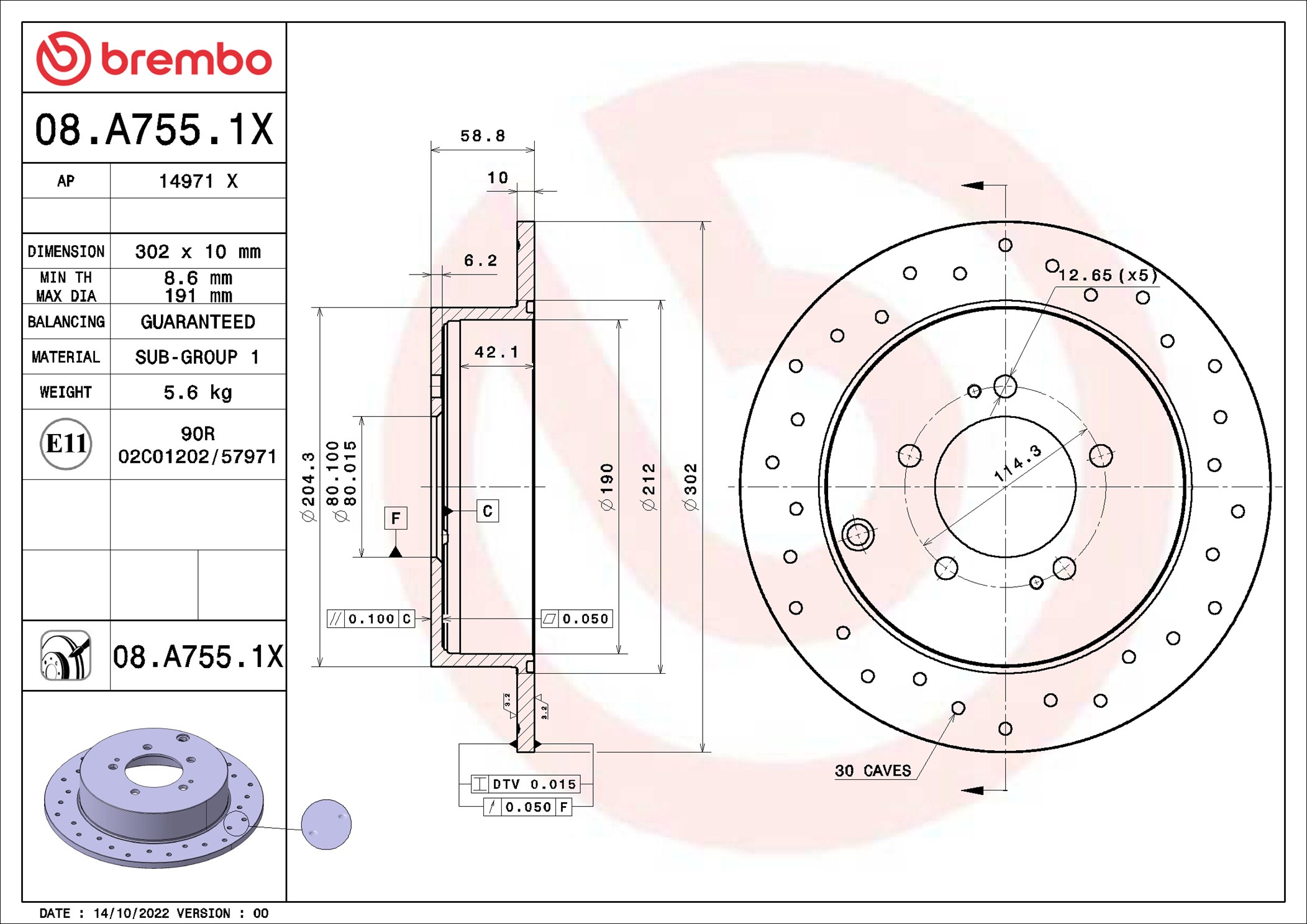BREMBO Bremseskive 08a7551x perforeret 302mm 10mm for PEUGEOT CITROËN MITSUBISHI