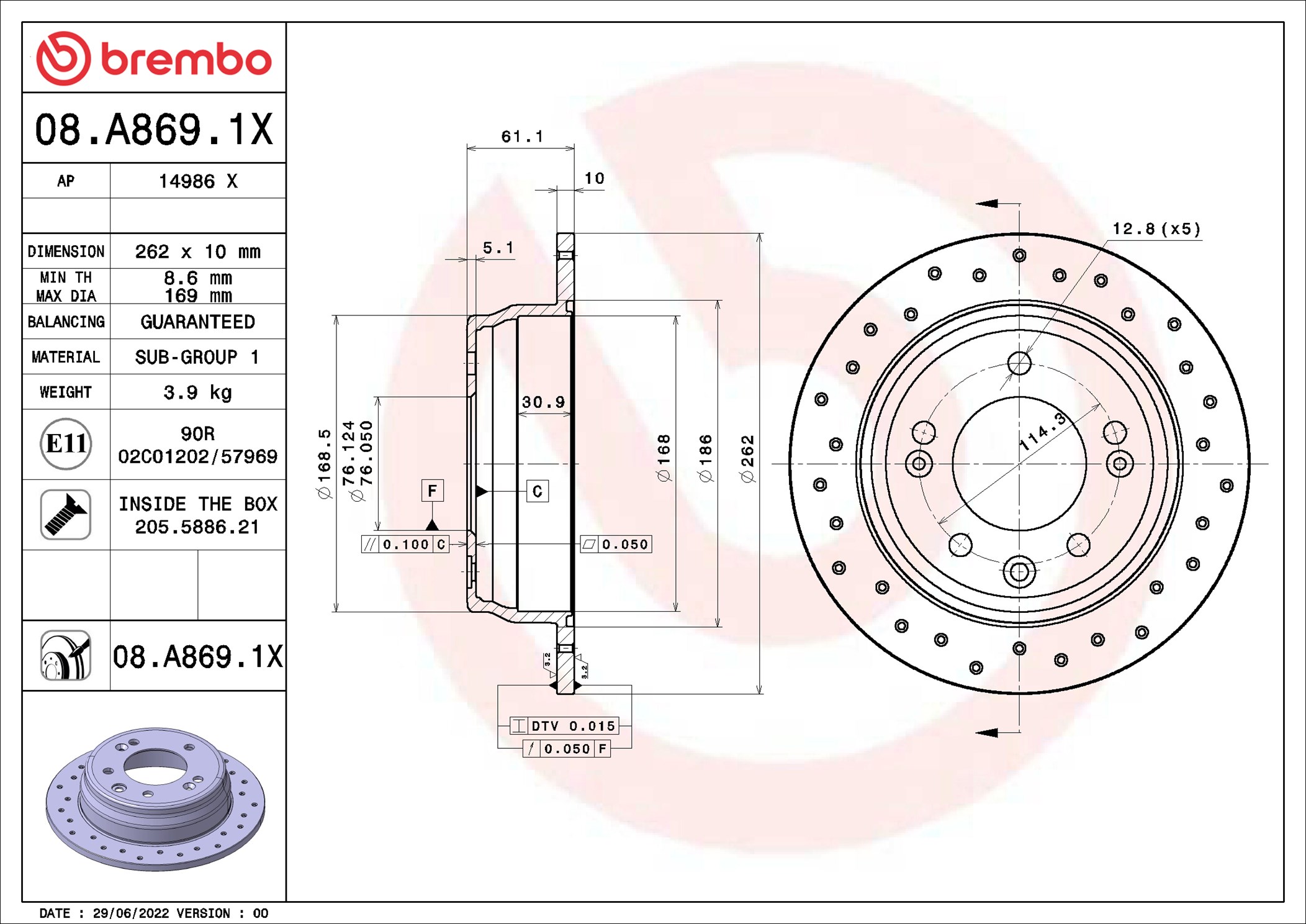 BREMBO Bremseskive 08a8691x perforeret 262mm 10mm for KIA (DYK) KIA
