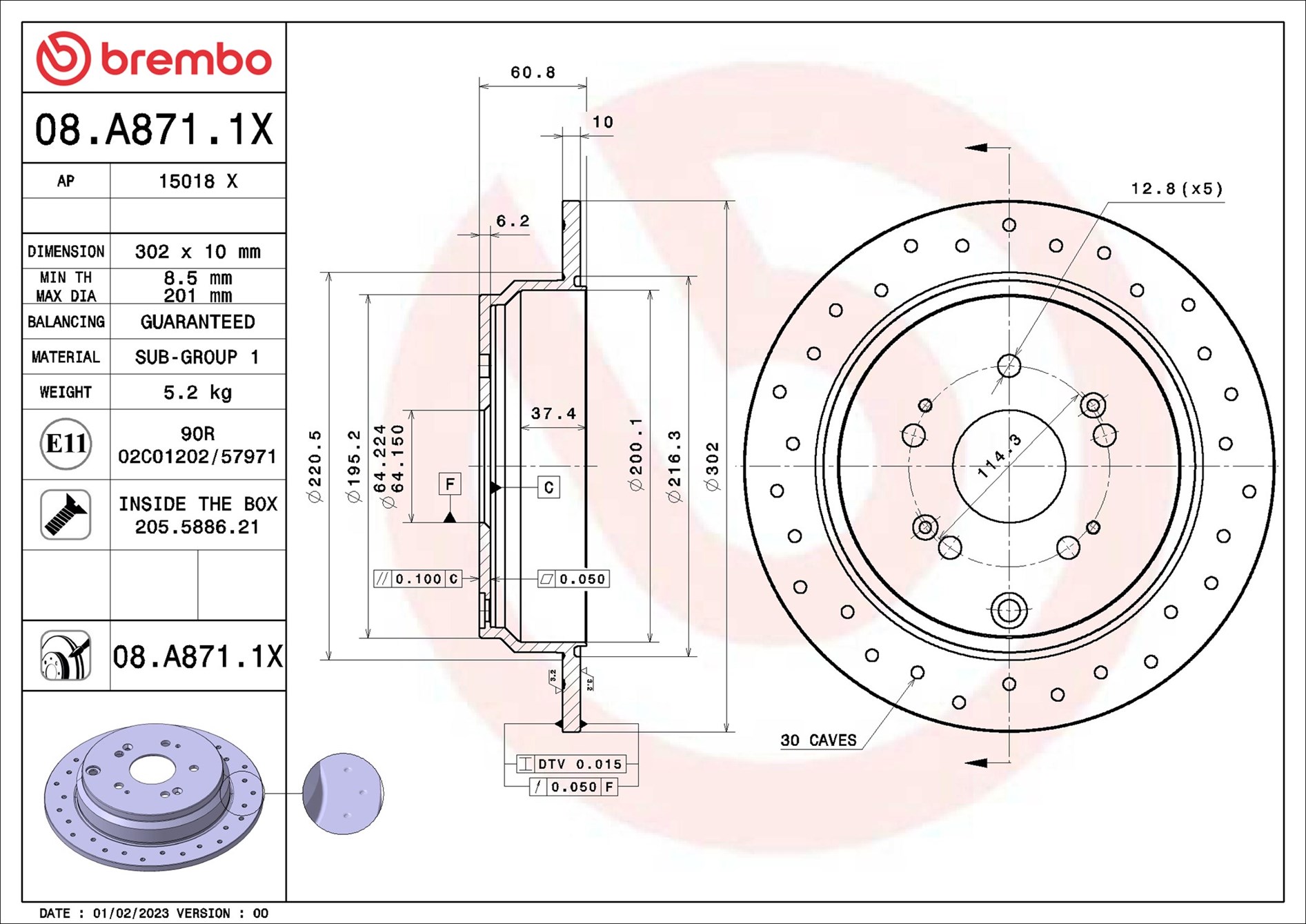 BREMBO Bremseskive 08.A871.1X perforeret 302mm 10mm for HONDA