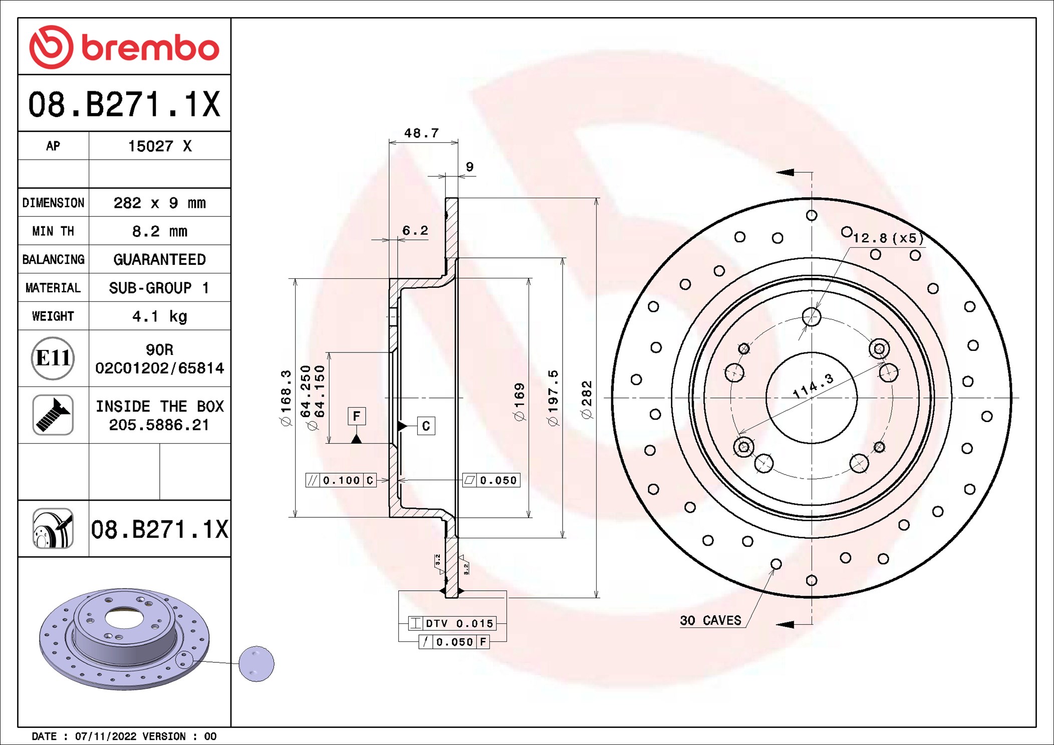 BREMBO Bremseskive 08.B271.1X perforeret 282mm 9mm for ACURA HONDA ACURA (GAC) HONDA (DONGFENG) HONDA (GAC)