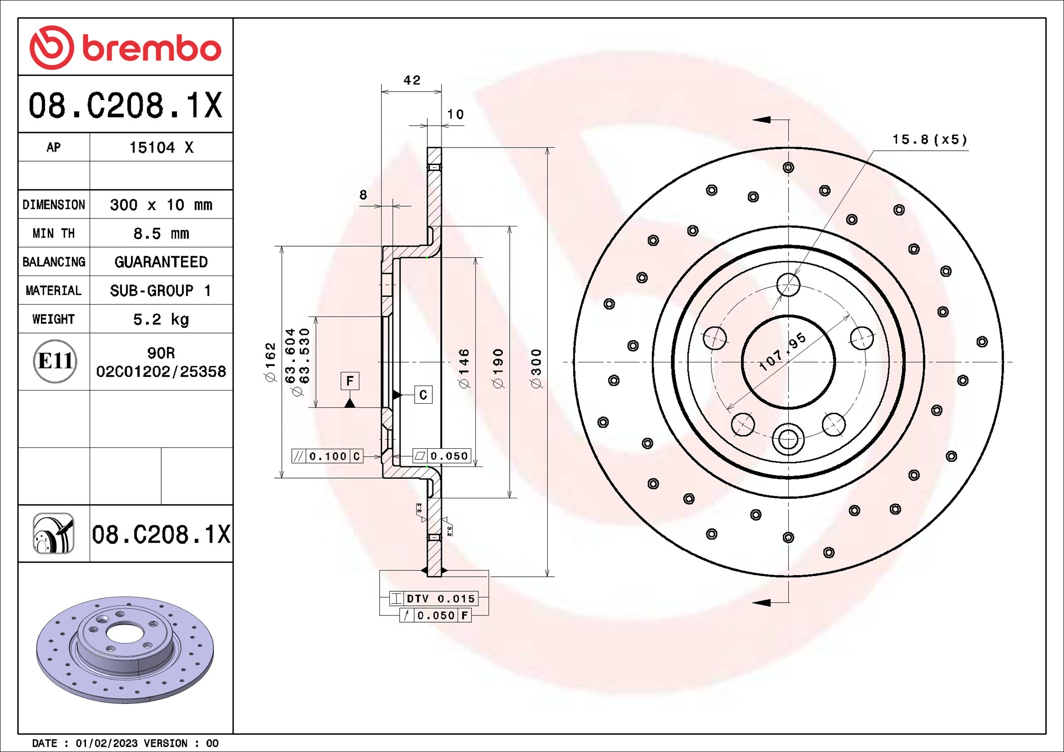 BREMBO Bremseskive 08c2081x perforeret 300mm 10mm for JAGUAR (CHERY) LAND ROVER
