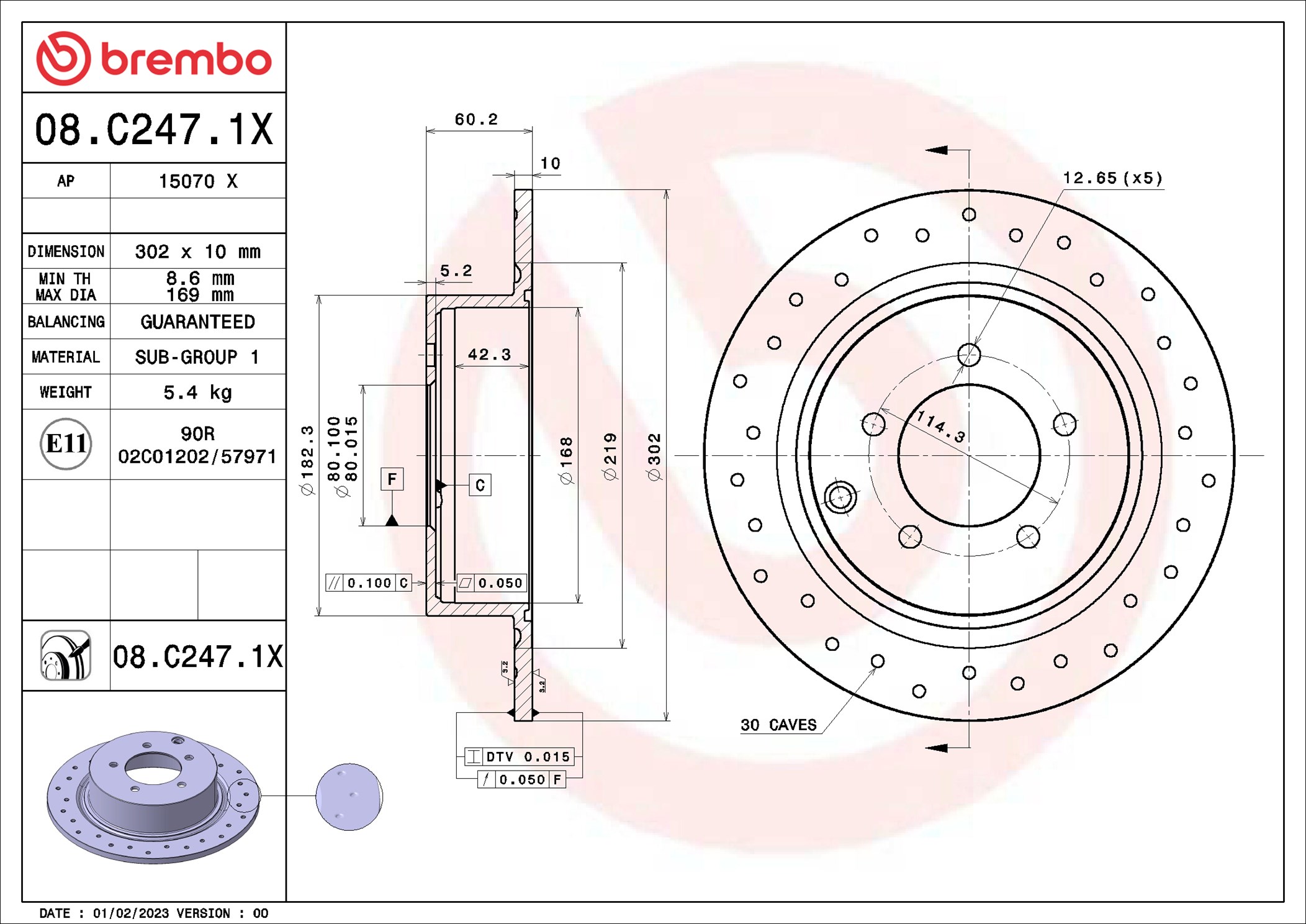 BREMBO Bremseskive 08c2471x perforeret 302mm 10mm for PEUGEOT JEEP LANCIA MITSUBISHI (GAC) MITSUBISHI