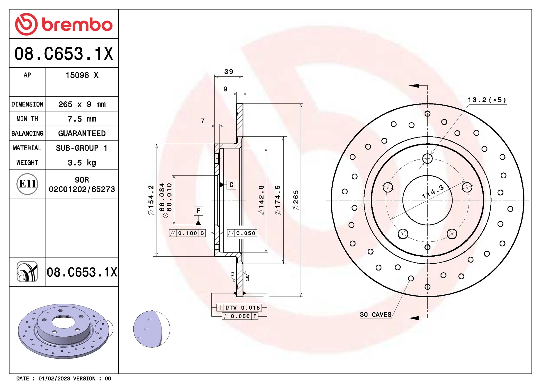 BREMBO Bremseskive 08c6531x perforeret 265mm 9mm for MAZDA MAZDA (CHANGAN)